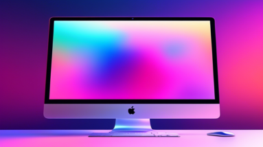 A futuristic iMac displaying a sleek and colorful operating system settings interface with a translucent macOS logo in the background.