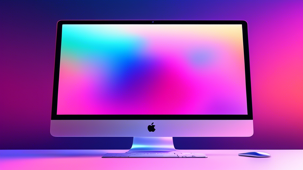 A futuristic iMac displaying a sleek and colorful operating system settings interface with a translucent macOS logo in the background.