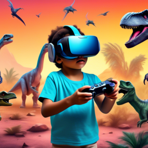 A photorealistic image of a child wearing a VR headset and holding controllers, exploring a virtual world full of dinosaurs.