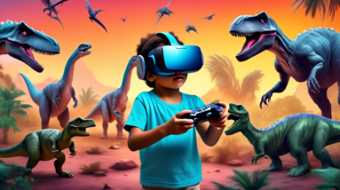 A photorealistic image of a child wearing a VR headset and holding controllers, exploring a virtual world full of dinosaurs.