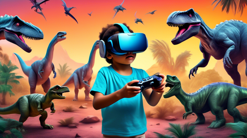 A photorealistic image of a child wearing a VR headset and holding controllers, exploring a virtual world full of dinosaurs.