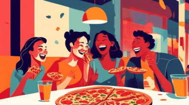 A group of friends laughing and eating pizza together at a restaurant.