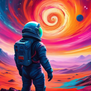 ## DALL-E Prompt:nnA lone astronaut stands on a desolate, rocky planet, gazing at a swirling vortex of vibrant colors in the sky above. His helmet reflects the cosmic spectacle, while his posture conv