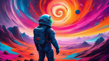 ## DALL-E Prompt:nnA lone astronaut stands on a desolate, rocky planet, gazing at a swirling vortex of vibrant colors in the sky above. His helmet reflects the cosmic spectacle, while his posture conv