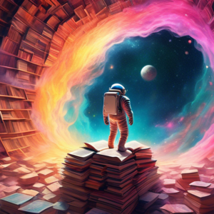 ## DALL-E Prompt:nnA surreal photograph of a lone astronaut lost in a labyrinth of giant, floating books, bathed in the ethereal glow of a distant nebula.