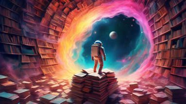 ## DALL-E Prompt:nnA surreal photograph of a lone astronaut lost in a labyrinth of giant, floating books, bathed in the ethereal glow of a distant nebula.