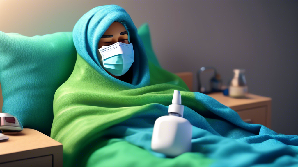 ## DALL-E Prompt:nnA 3D render of a blue and green planet Earth wearing a face mask, with a thermometer under its arm, lying sick in bed with a blanket and tissues.