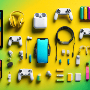 A flat lay of 100 diverse and colorful tech products arranged by price, from earbuds to a small drone, against a bright yellow background with a gradient showing affordable transitioning to worth it.