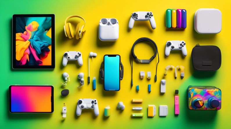 A flat lay of 100 diverse and colorful tech products arranged by price, from earbuds to a small drone, against a bright yellow background with a gradient showing affordable transitioning to worth it.