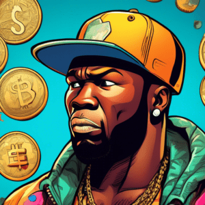 A confused 50 Cent looking at a handful of generic cryptocurrency coins, with a dollar bill stuck to his forehead.