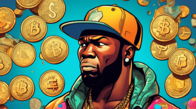 A confused 50 Cent looking at a handful of generic cryptocurrency coins, with a dollar bill stuck to his forehead.