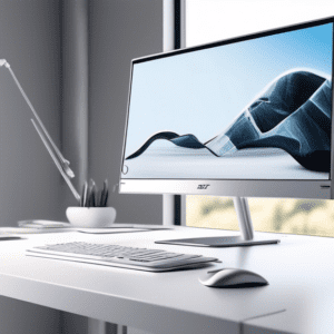 A sleek silver Acer all-in-one computer perched atop a minimalist white desk in a modern office with large windows and natural light.