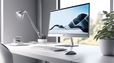 A sleek silver Acer all-in-one computer perched atop a minimalist white desk in a modern office with large windows and natural light.