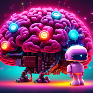 A friendly robot made of Raspberry Pi components holding a glowing, colorful brain, with a child looking on in awe.