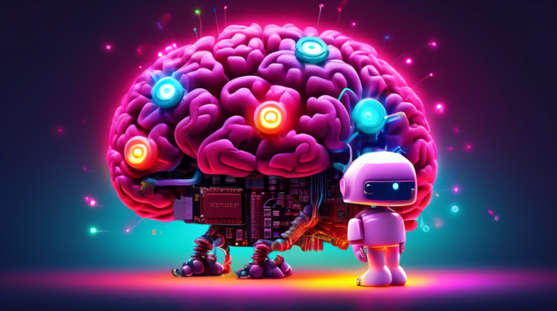A friendly robot made of Raspberry Pi components holding a glowing, colorful brain, with a child looking on in awe.