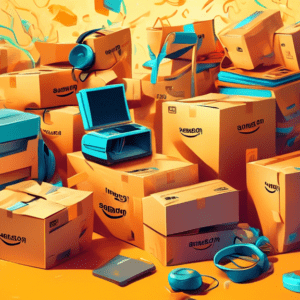 A chaotic pile of Amazon boxes overflowing with products like headphones, a coffee maker, and a toothbrush, all bathed in a golden Prime Day glow.