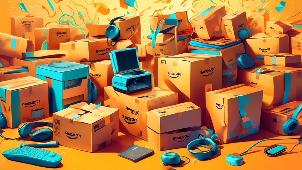 A chaotic pile of Amazon boxes overflowing with products like headphones, a coffee maker, and a toothbrush, all bathed in a golden Prime Day glow.
