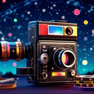 An Android phone transforming into a professional cinema camera, with film reel spools for eyes and a Blackmagic logo on its screen, set against a backdrop of a starry night sky.