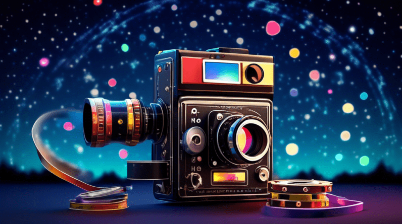 An Android phone transforming into a professional cinema camera, with film reel spools for eyes and a Blackmagic logo on its screen, set against a backdrop of a starry night sky.