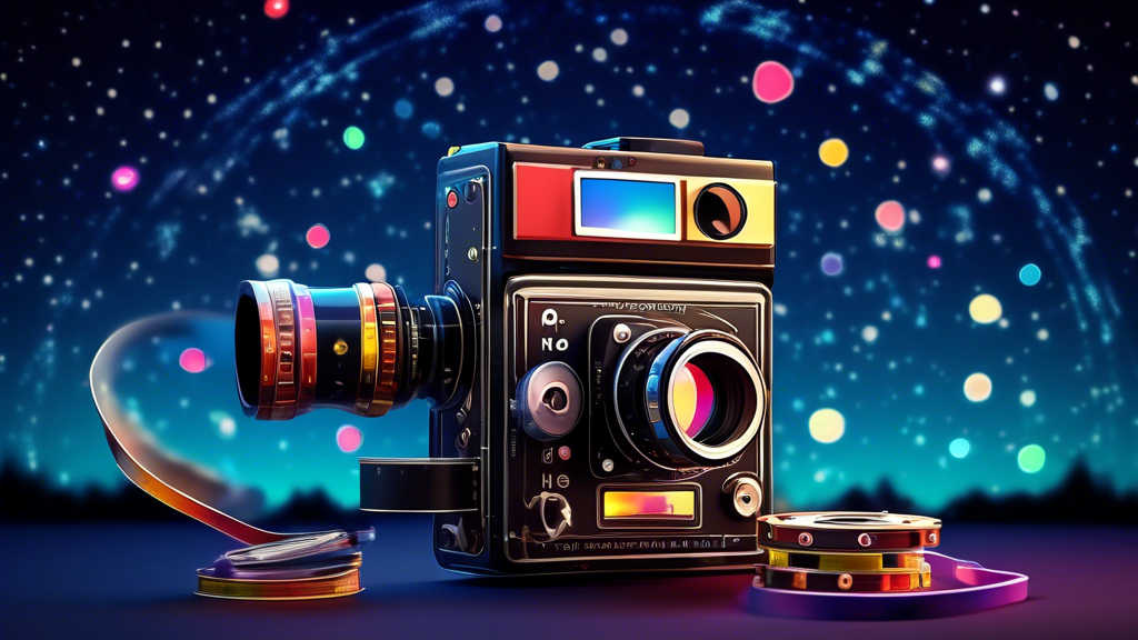 An Android phone transforming into a professional cinema camera, with film reel spools for eyes and a Blackmagic logo on its screen, set against a backdrop of a starry night sky.