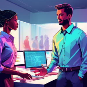 A helpful and approachable AI assistant wearing a collared shirt, collaborating with a human colleague in a modern office setting. The AI is depicted as a luminous digital entity integrated into a co