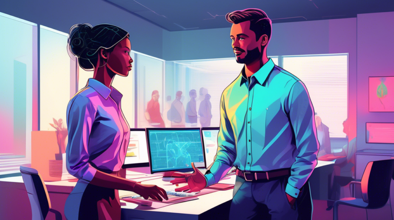 A helpful and approachable AI assistant wearing a collared shirt, collaborating with a human colleague in a modern office setting. The AI is depicted as a luminous digital entity integrated into a co