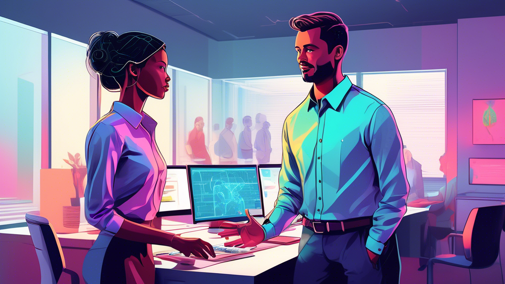 A helpful and approachable AI assistant wearing a collared shirt, collaborating with a human colleague in a modern office setting. The AI is depicted as a luminous digital entity integrated into a co
