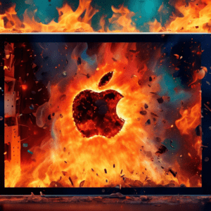 An Apple iPad Air with a cracked screen displaying a 9-core graphics processing unit engulfed in flames.