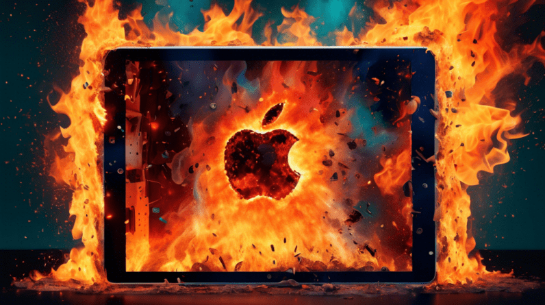 An Apple iPad Air with a cracked screen displaying a 9-core graphics processing unit engulfed in flames.