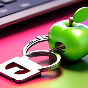 A bitten apple logo splitting a keychain in half, with digital passwords floating out of the broken keychain, set against a clean user interface background.