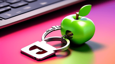 A bitten apple logo splitting a keychain in half, with digital passwords floating out of the broken keychain, set against a clean user interface background.