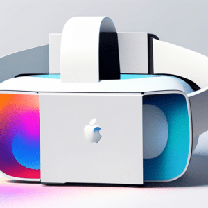 A sleek, white Apple VR headset split in half, revealing a large, pixelated screen inside. One half shows the headset exterior, the other shows the internal display.