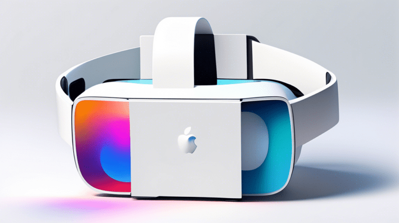 A sleek, white Apple VR headset split in half, revealing a large, pixelated screen inside. One half shows the headset exterior, the other shows the internal display.