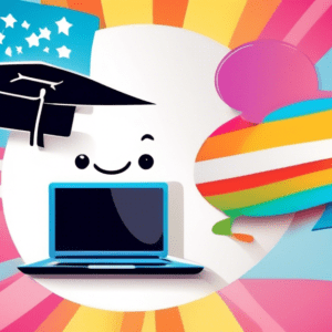 A smiling cartoon chat bubble with a Mac laptop inside, wearing a graduation cap and holding a Now Available flag.