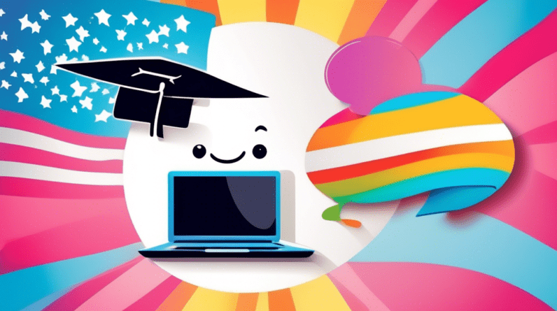 A smiling cartoon chat bubble with a Mac laptop inside, wearing a graduation cap and holding a Now Available flag.