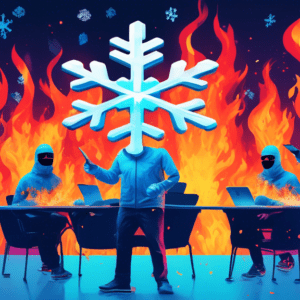 A snowflake server on fire with the Ticketmaster logo melting into it, surrounded by hackers in ski masks.