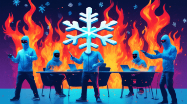 A snowflake server on fire with the Ticketmaster logo melting into it, surrounded by hackers in ski masks.