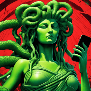 A stone statue of Medusa with an Android phone for a head, her snake hair made of green computer cords, with a cracked globe in the background and a red warning sign overlaid.