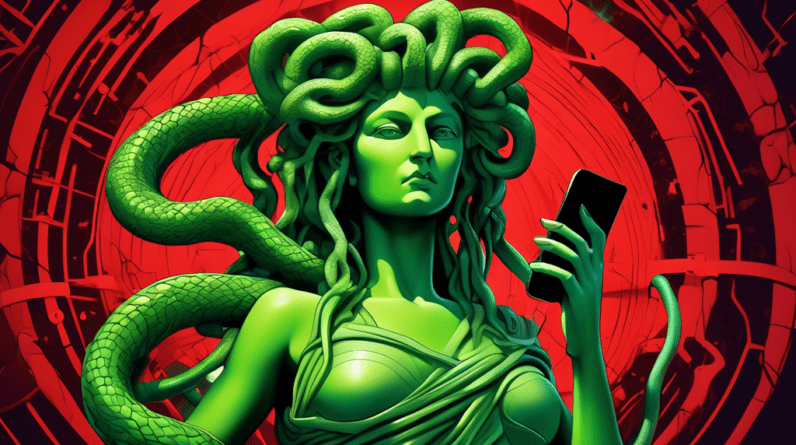 A stone statue of Medusa with an Android phone for a head, her snake hair made of green computer cords, with a cracked globe in the background and a red warning sign overlaid.