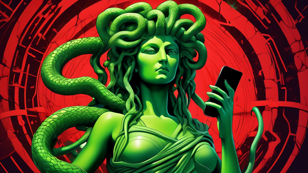 A stone statue of Medusa with an Android phone for a head, her snake hair made of green computer cords, with a cracked globe in the background and a red warning sign overlaid.