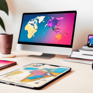 A cluttered desk setup with an iPhone displaying the iOS 18 Beta 2 home screen, a pair of Apple Vision Pro glasses reflecting a global map, and a new Beats speaker playing music next to a news article