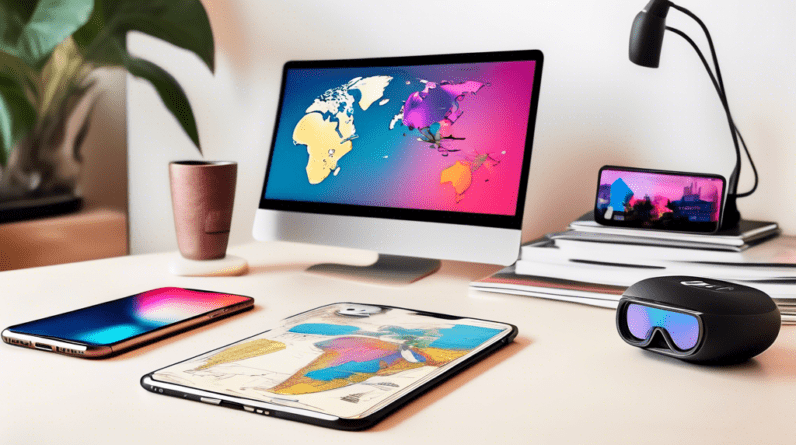 A cluttered desk setup with an iPhone displaying the iOS 18 Beta 2 home screen, a pair of Apple Vision Pro glasses reflecting a global map, and a new Beats speaker playing music next to a news article