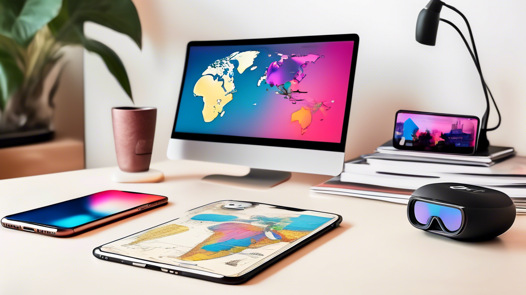 A cluttered desk setup with an iPhone displaying the iOS 18 Beta 2 home screen, a pair of Apple Vision Pro glasses reflecting a global map, and a new Beats speaker playing music next to a news article