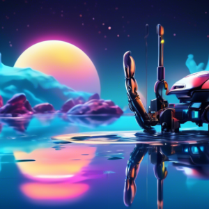 A robotic claw clutching a miniature lake reflecting the moon, with the MSI logo shimmering on the water's surface.