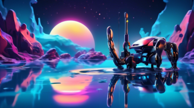 A robotic claw clutching a miniature lake reflecting the moon, with the MSI logo shimmering on the water's surface.