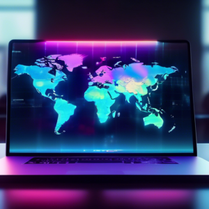 A pair of Apple Vision Pro laying on a table with a world map glowing on the screens