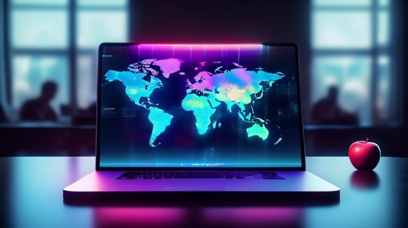 A pair of Apple Vision Pro laying on a table with a world map glowing on the screens