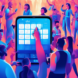 A giant, futuristic calendar page with July 10 circled in glowing blue light, a sleek Samsung phone emerging from the page, surrounded by a crowd of excited people with their phones out.