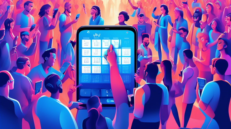 A giant, futuristic calendar page with July 10 circled in glowing blue light, a sleek Samsung phone emerging from the page, surrounded by a crowd of excited people with their phones out.