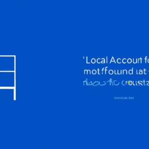 A confused looking Windows user staring at a blue screen of death with the words Local Account Not Found and a faint Microsoft logo in the background.